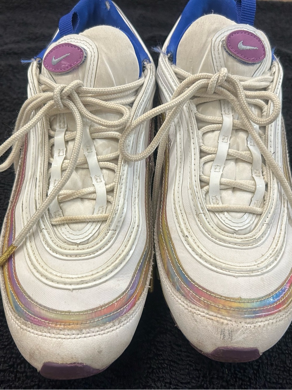 Nike White Sneakers with Rainbow Trim and Purple Accents
